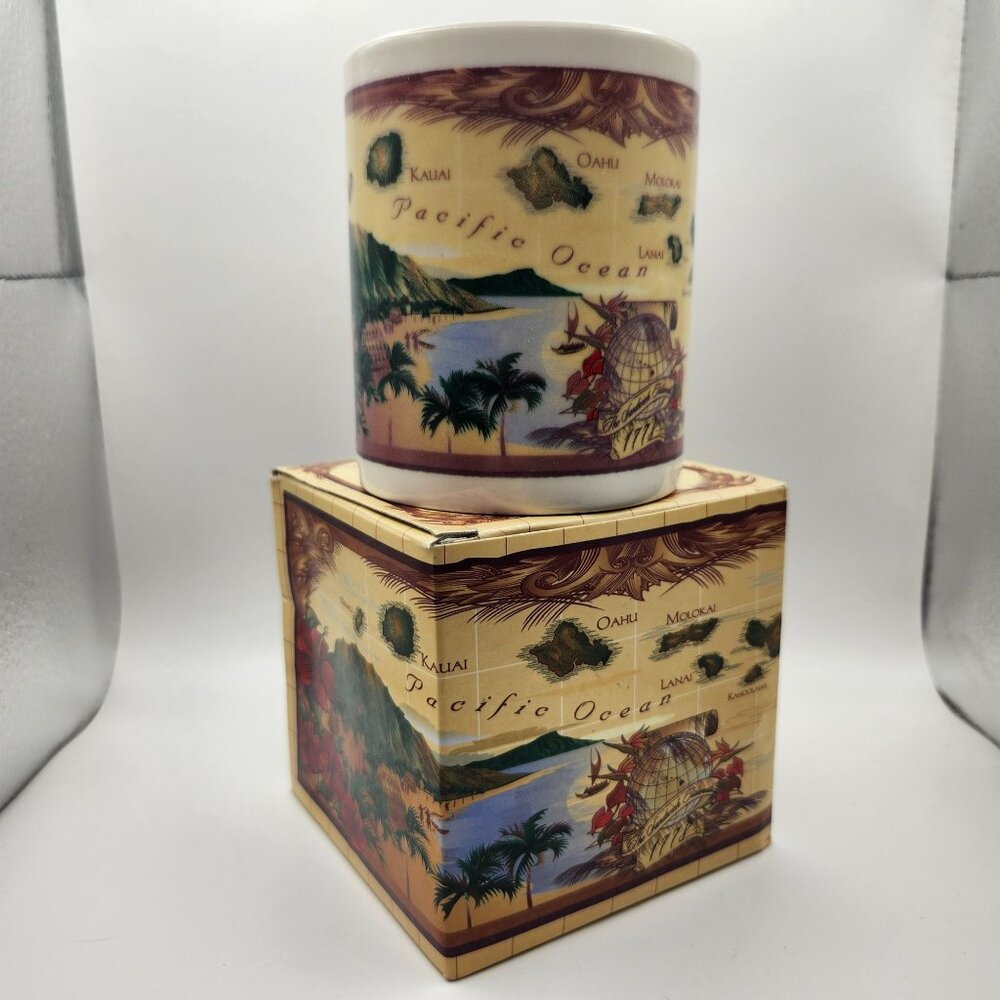 Vintage Island Group Hawaiian Island Chain Map Ceramic Coffee Mug With Box 12oz
